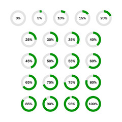 Set of circle percentage diagrams for infographics, 0 5 10 15 20 25 30 35 40 45 50 55 60 65 70 75 80 85 90 95 100 percent. Vector illustration.