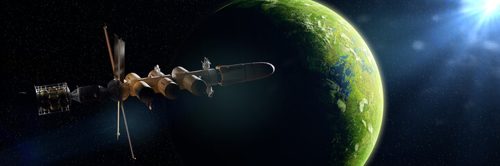 spaceship in orbit of a green alien planet, finding life in outer space (3d exoplanet illustration banner)