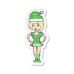 retro distressed sticker of a cartoon woman in christmas elf outfit