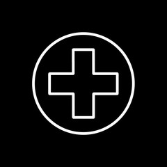 Flat line monochrome medical cross sign for web sites and apps. Minimal simple black and white medical cross sign. Isolated vector white medical cross sign on black background.