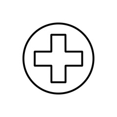 Flat line monochrome medical cross illustration for web sites and apps. Minimal simple black and white medical cross illustration. Isolated vector black medical cross illustration on white background.