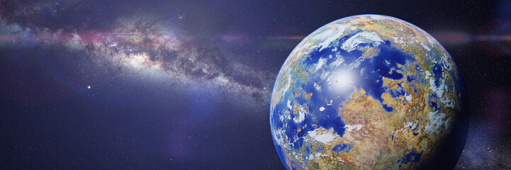 Obraz na płótnie Canvas idyllic alien planet, exoplanet with Milky Way galaxy (3d space illustration banner)