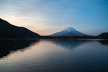 Mount Fuji, the World Heritage, view at Lake Shoji ( Shojiko ) in the morning. Mt. Fuji reflection...