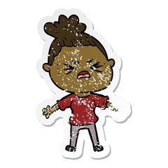 distressed sticker of a cartoon angry woman
