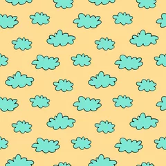Plexiglas foto achterwand Sweet cartoon cloud pattern with hand drawn doodle clouds. Cute vector colorful cloud pattern. Seamless cheerful cloud pattern for fabric, wallpapers, wrapping paper, cards and web backgrounds. © penarulit