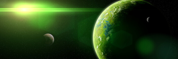 sunrise over alien world, exoplanet around a distant star, life on exotic planet (3d space illustration banner) © dottedyeti