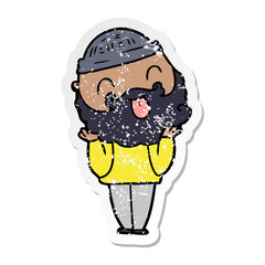 distressed sticker of a man with beard sticking out tongue