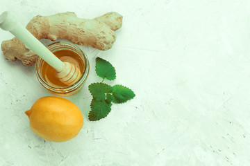 top view ginger,lemon,honey