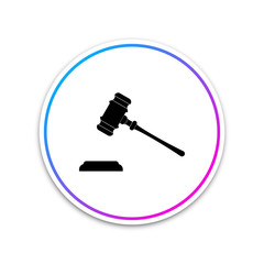 Judge gavel icon isolated on white background. Gavel for adjudication of sentences and bills, court, justice, with a stand. Auction hammer symbol. Circle white button. Vector Illustration
