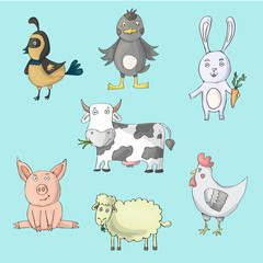 Farm animals collection with cow, hen, pig, sheep, ducks, rabbit, quail. Cartoon vector isolated characters.