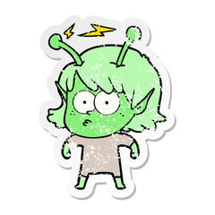 distressed sticker of a cartoon alien girl