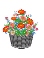 Basket with daisies, bluebells, poppies flowers isolated on white background