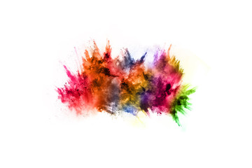 Fototapeta na wymiar abstract powder splatted background. Colorful powder explosion on white background. Colored cloud. Colorful dust explode. Paint Holi.