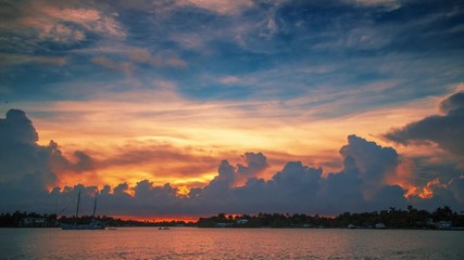 Beautiful sunset clouds over ocean water in Miami, Florida. Timelapse, 4K UHD.