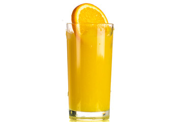 Pouring orange juice into a transparent glass on a white background