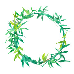 green bamboo leaves frame, natural wreath circle frame, isolated watercolor illustration