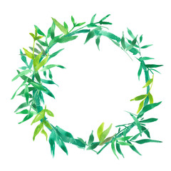 Fototapeta premium green bamboo leaves frame, natural wreath circle frame, isolated watercolor illustration