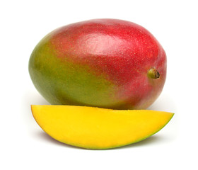 Mango fruit whole and slice isolated on a white background. Flat lay, top view