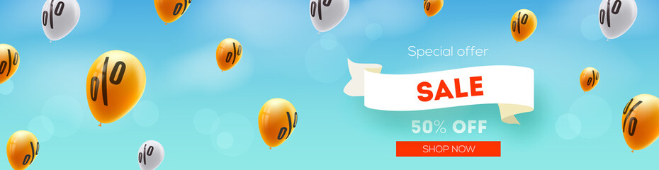 Long banner with Sale, discount offer. Yellow balloons flying in blue sky with sign of percent. Ad of sales actions. Vector 3d illustration. Creative design for discounts actions in shop and markets