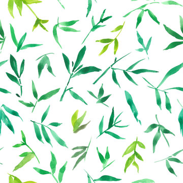 seamless pattern watercolor of green bamboo leaves, painting plant illustration