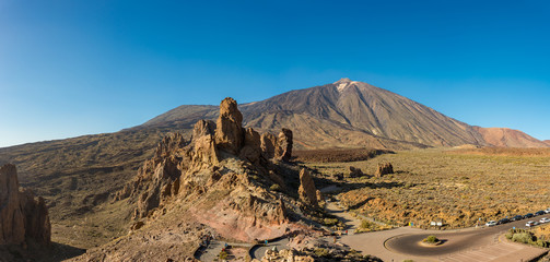 Panoramic view of spectacular volcanic crater with many lava forms.