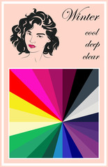 Stock vector seasonal color analysis palette. Hand drawn girl with winter type of female appearance.