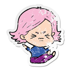 distressed sticker of a cartoon angry girl
