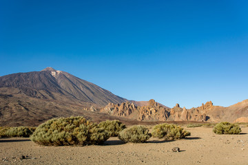 Panoramic view of spectacular volcanic crater with many lava forms.