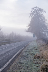 Obraz premium Foggy country road in hoarfrost