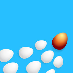 Happy easter greeting card with colorful golden egg and white eggs isolated on blue background. Vector Happy easter creative concept illustration