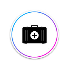 First aid kit icon isolated on white background. Medical box with cross. Medical equipment for emergency. Healthcare concept. Circle white button. Vector Illustration