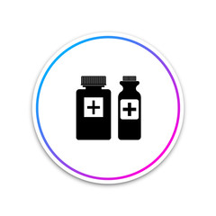 Medical bottles icon isolated on white background. Tablets symbol. Health care. Circle white button. Vector Illustration