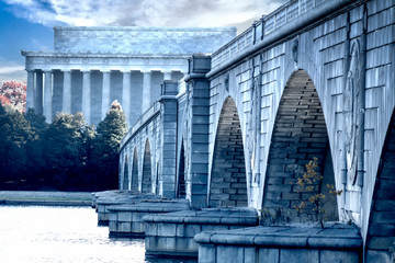 The Lincoln Memorial and the Arlington Memorial Bridge stretching over the Potomac River into...