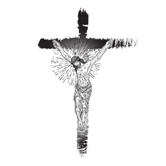 Jesus on the cross. Hand painted with real ink brush, grunge Christian cross Sketch. Vector.