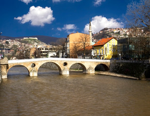 Bridge on Miljacka river in Sarajevo the capital city of Bosnia and Herzegovina