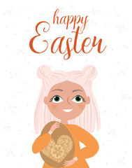 Happy Easter greeting card with cute girls. Editable vector illustration