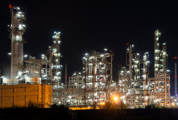 Petrochemical Industrial. Oil refinery and Oil industry at night