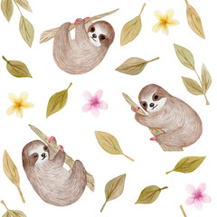 Seamless pattern. Watercolor cute sloth on the palm tree. Tropical animal. Clipart isolated on white. Hand painted illustration: nursery design, poster, greeting, birthday card, baby shower, party.