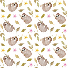 Seamless pattern. Watercolor cute sloth on the palm tree. Tropical animal. Clipart isolated on white. Hand painted illustration: nursery design, poster, greeting, birthday card, baby shower, party.
