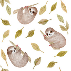 Seamless pattern. Watercolor cute sloth on the palm tree. Tropical animal. Clipart isolated on white. Hand painted illustration: nursery design, poster, greeting, birthday card, baby shower, party.