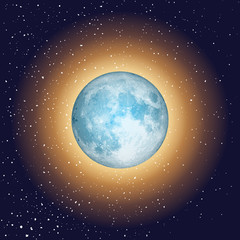 Total eclipse of the sun. Dark blue background with a solar eclipse. Open space with realistic blue moon and stars. Vector