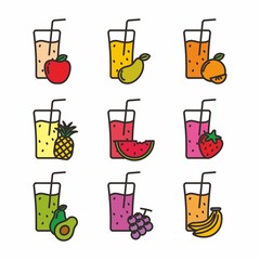Set of glass of juice with fruit, juice icon 