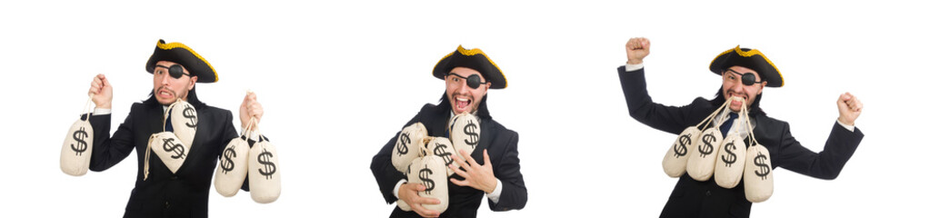 Pirate businessman holding money bags isolated on white
