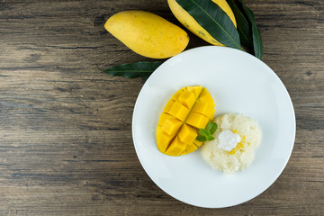 The close up of heap yellow mango and sticky rice setting with coconut milk in the dish on wooden table. popular traditional dessert of Thailand.