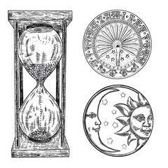 Set of sundial, sun clock, hourglass or sand clock and moon crescent with sun engraving. Hand drawn and isolated. Vector