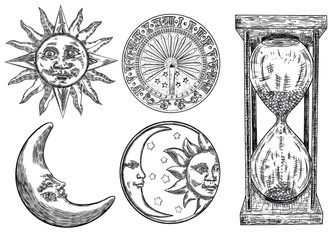 Set of sundial, sun clock, hourglass or sand clock and moon crescent with sun engraving. Hand drawn and isolated. Vector