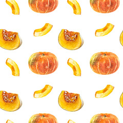 Ripe pumpkins seamless pattern. Watercolor hand drawn illustration.