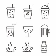 Set of drinks icon with simple outline style, drinks icon with black and white color 
