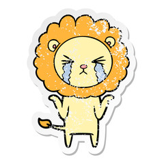distressed sticker of a cartoon crying lion