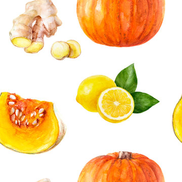 Ripe pumpkins seamless pattern. Watercolor hand drawn illustration.